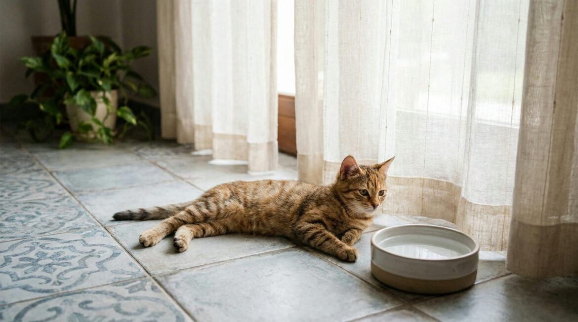 Tabby kitten resting on a cool tile floor, showing how to keep your kitten cool in summer
