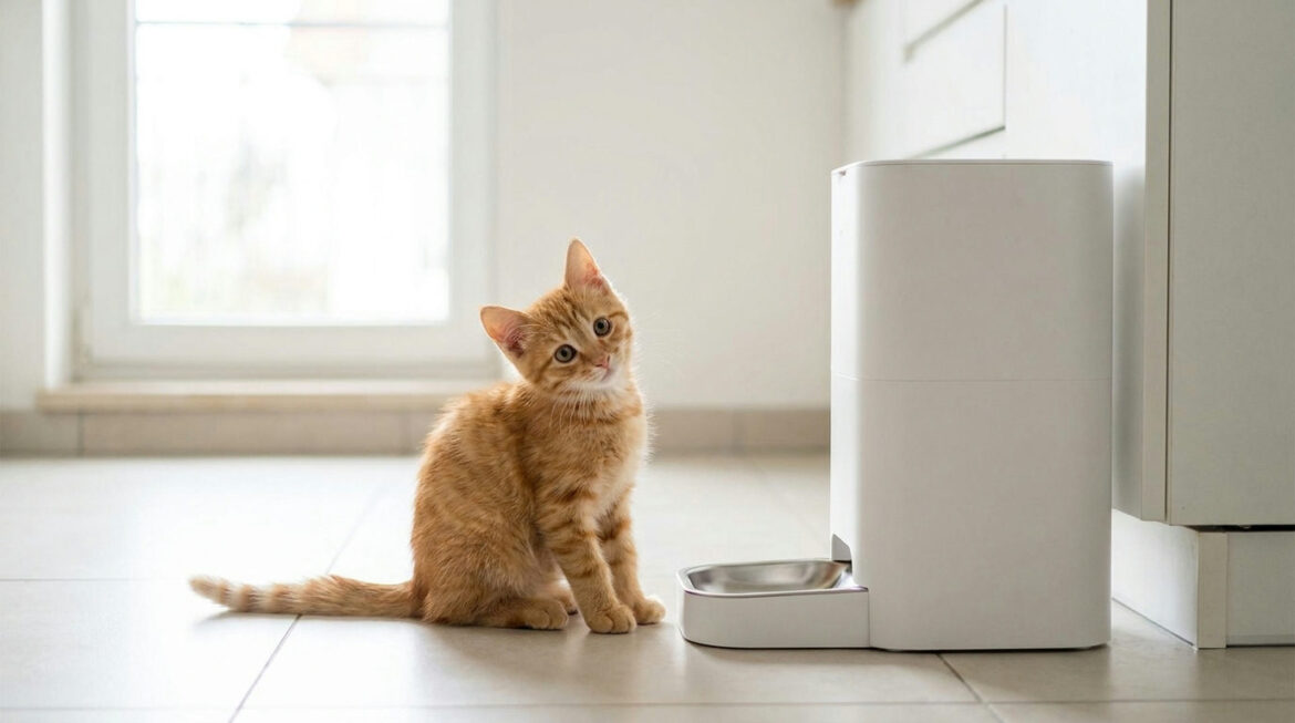Orange kitten beside an automatic feeder for kittens on a kitchen floor