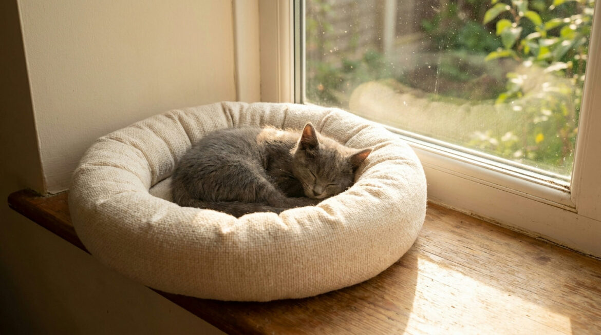 Grey kitten asleep in a round bolster bed, an example of the best bed for kittens