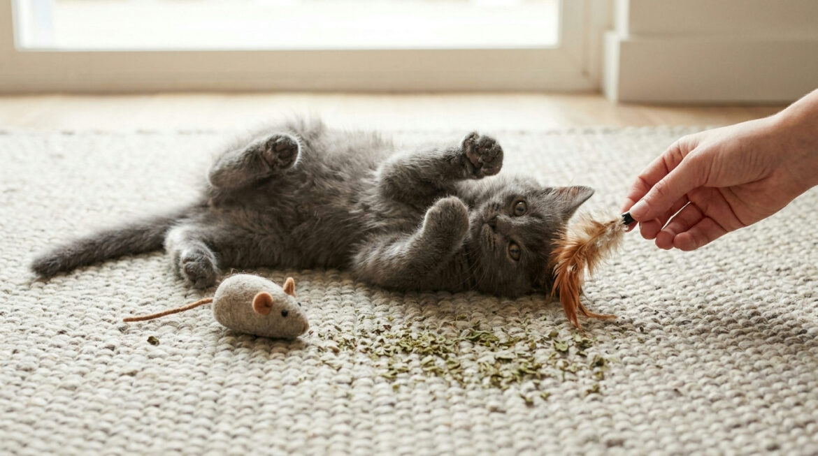 Grey kitten rolling beside a catnip toy, answering does catnip work on kittens