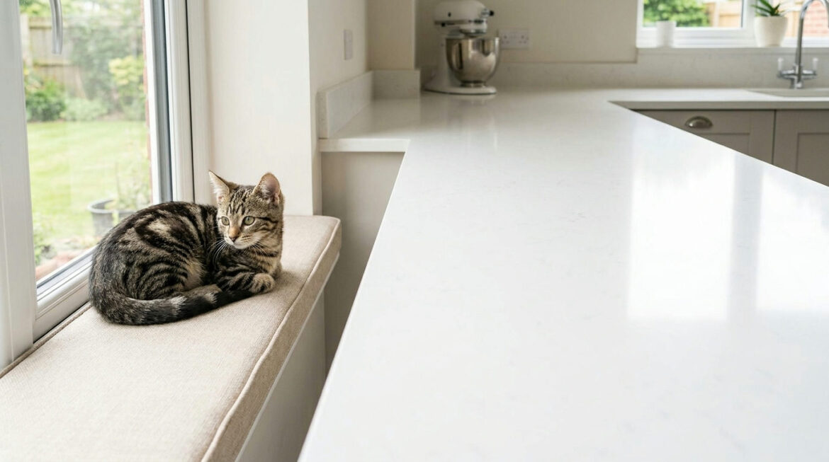 Tabby kitten on a window perch beside an empty counter, showing how to keep a kitten off counters