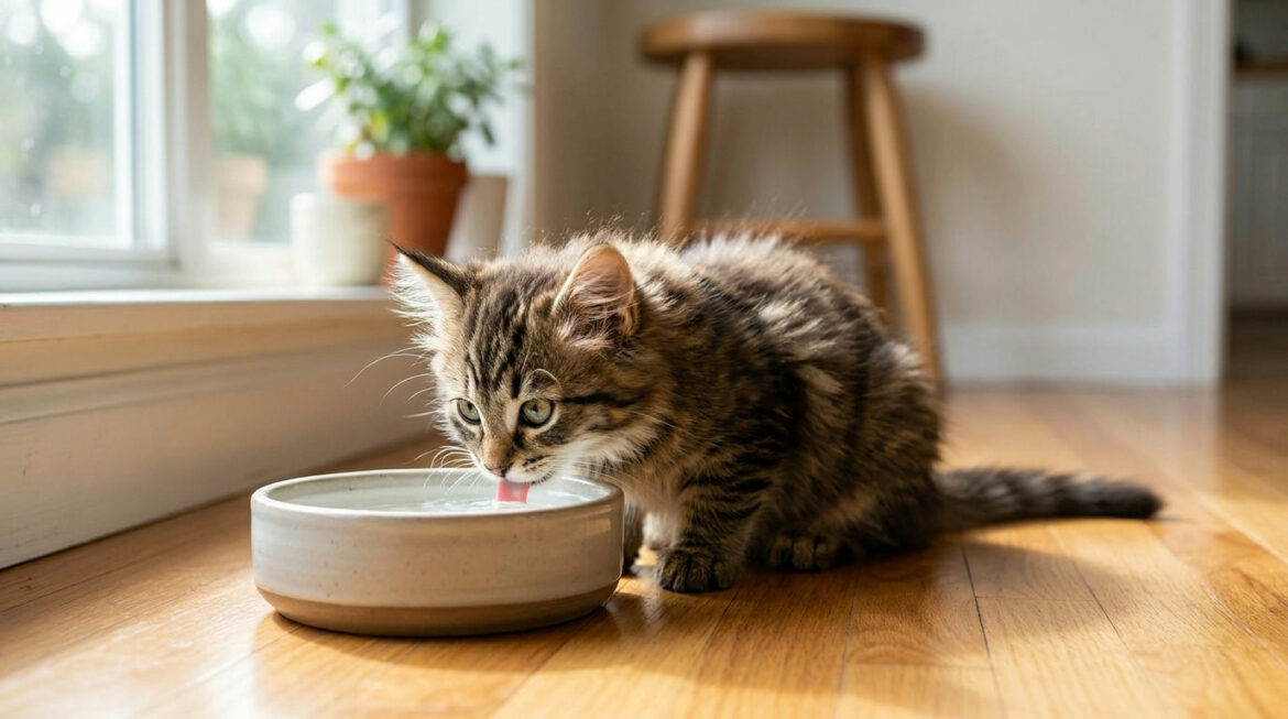 Tabby kitten drinking water, a hydration tip for kitten constipation