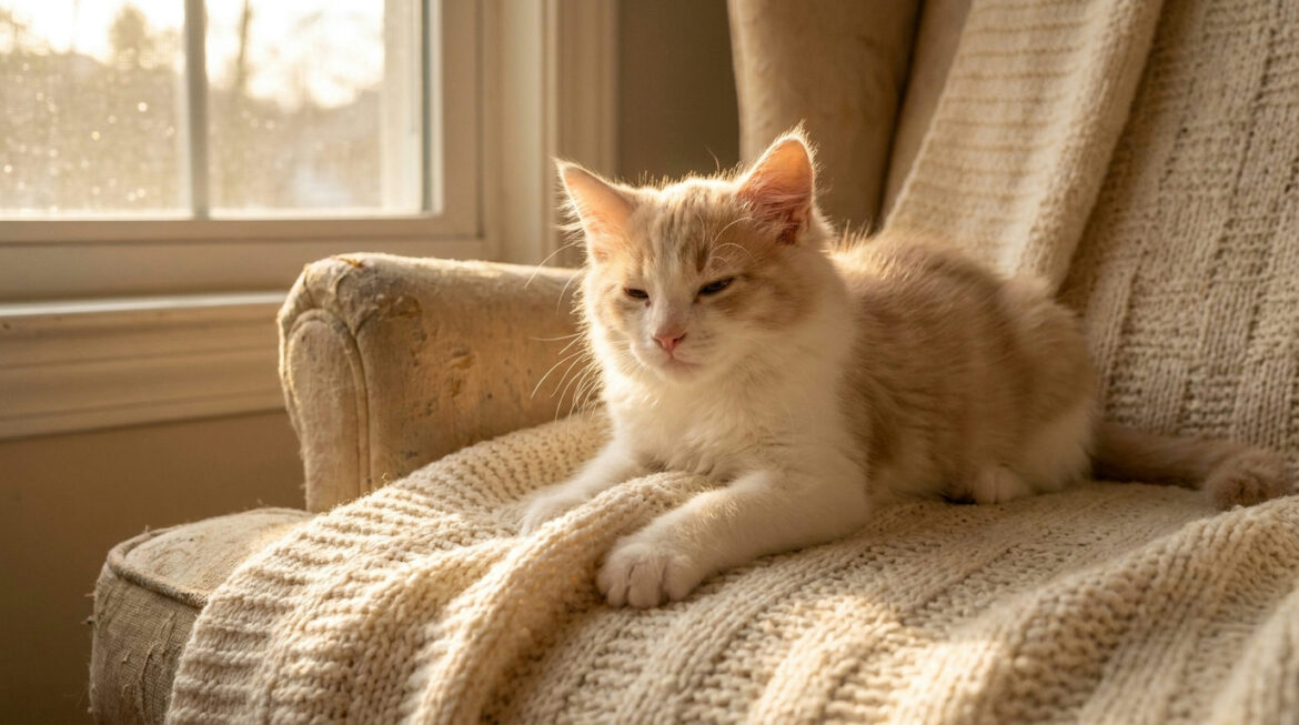 Cream kitten kneading a fluffy blanket, showing why do kittens knead