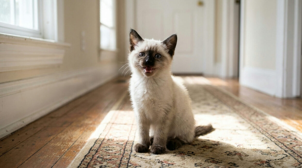 Siamese-type kitten meowing in a hallway, answering why does my kitten meow so much